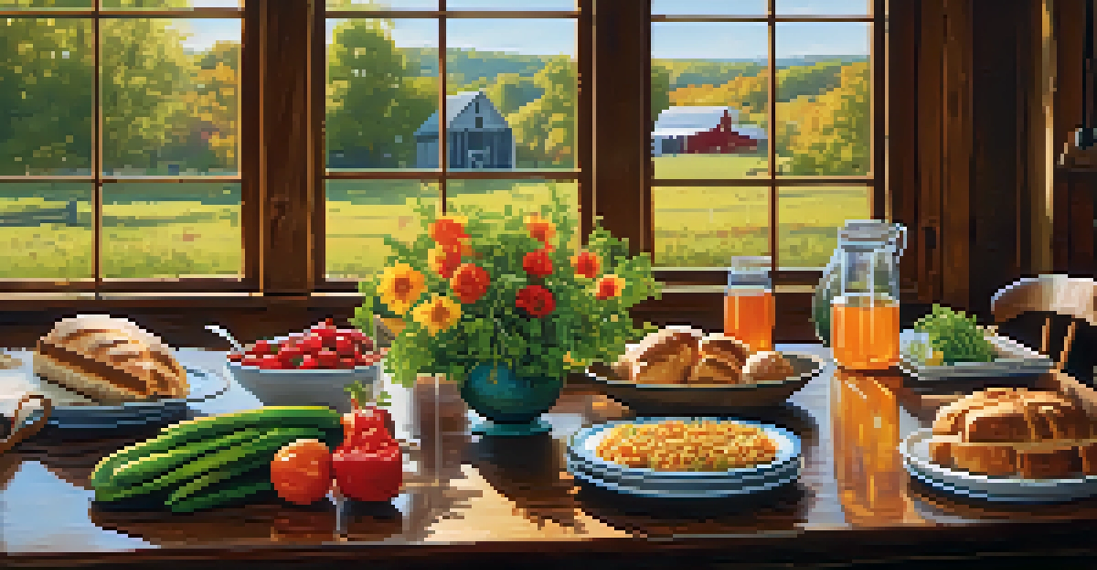 A rustic dining table featuring an array of colorful, fresh dishes made from local ingredients, with sunlight streaming in.