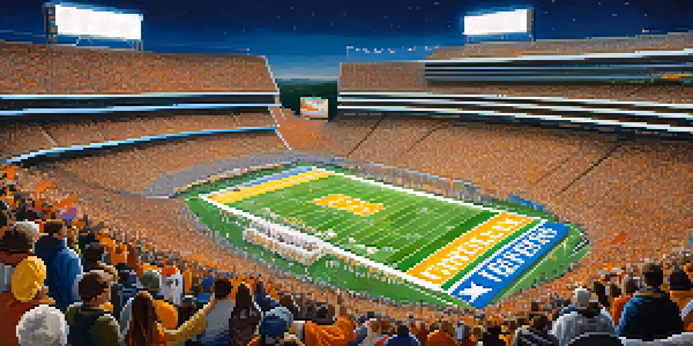 A lively college football bowl game in Tennessee with fans cheering and colorful banners.