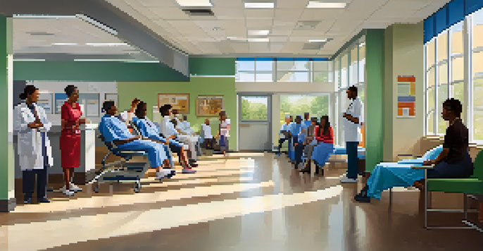 A vibrant urban healthcare clinic in Tennessee with diverse patients and healthcare professionals, bright sunlight streaming through the windows.
