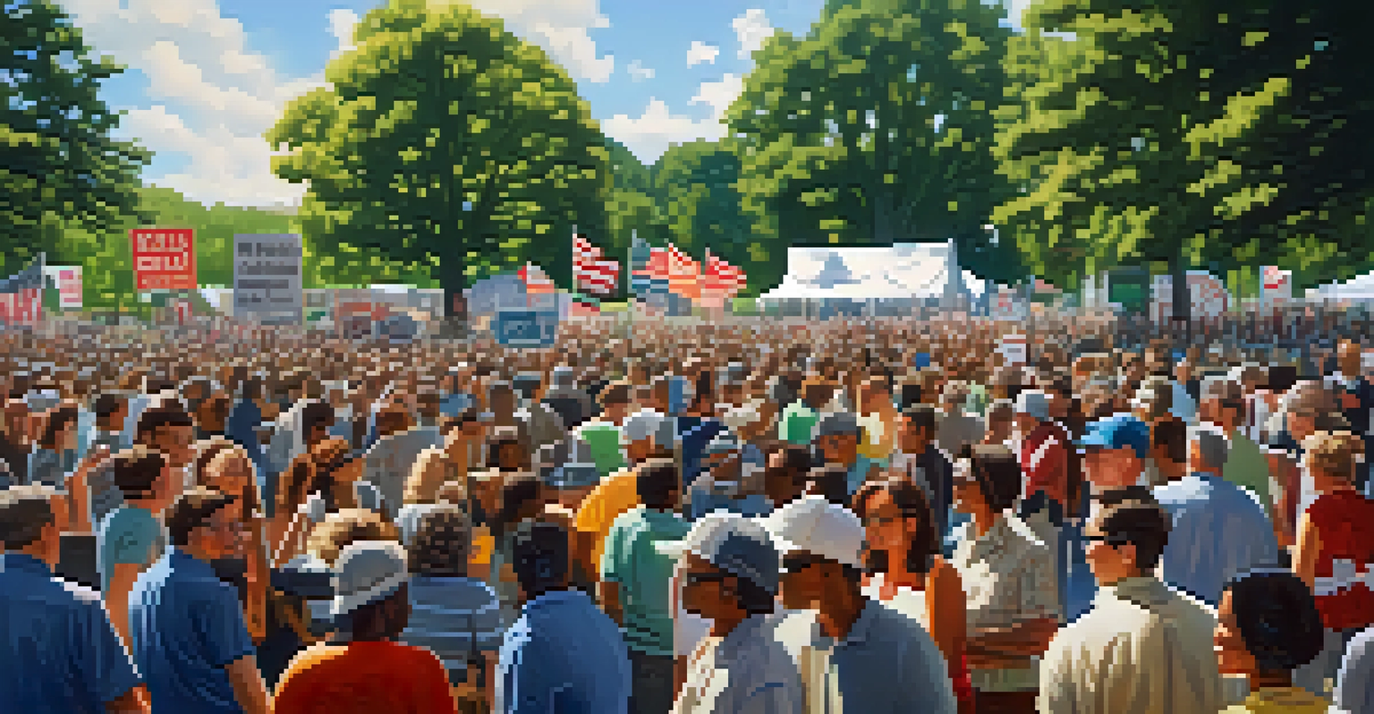 A modern political rally in Tennessee with a diverse crowd in a park, holding vibrant banners for social justice and environmental policy.