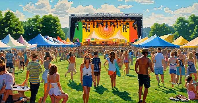 A lively outdoor music festival with a diverse crowd enjoying performances, surrounded by tents and trees.