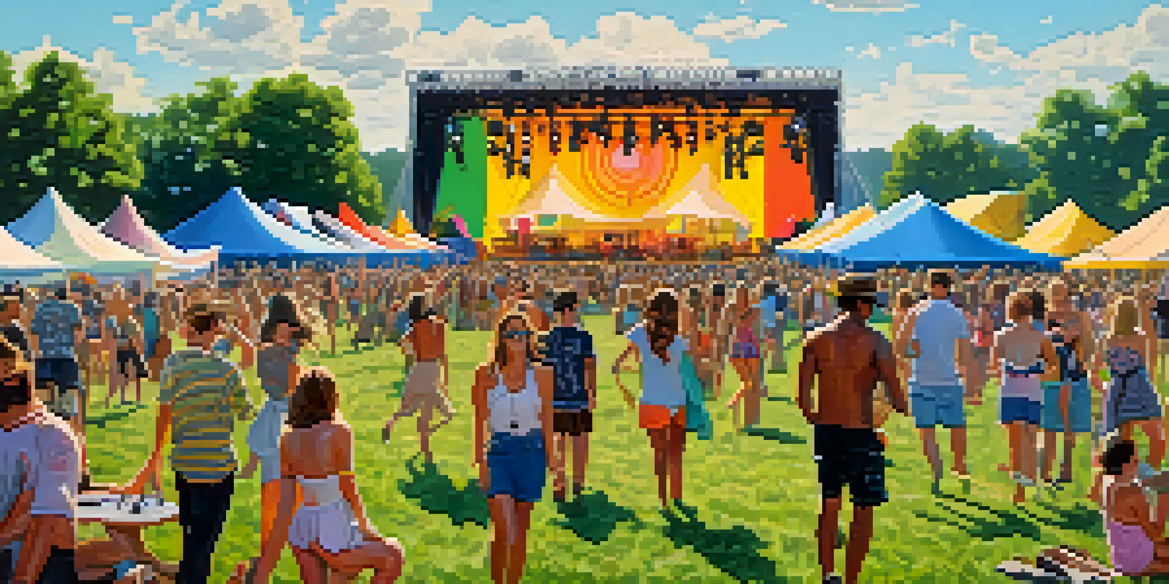 A lively outdoor music festival with a diverse crowd enjoying performances, surrounded by tents and trees.