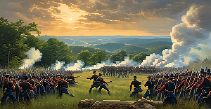 A Civil War battlefield in Tennessee with Union and Confederate soldiers engaged in battle, rolling hills, and a dramatic sky.
