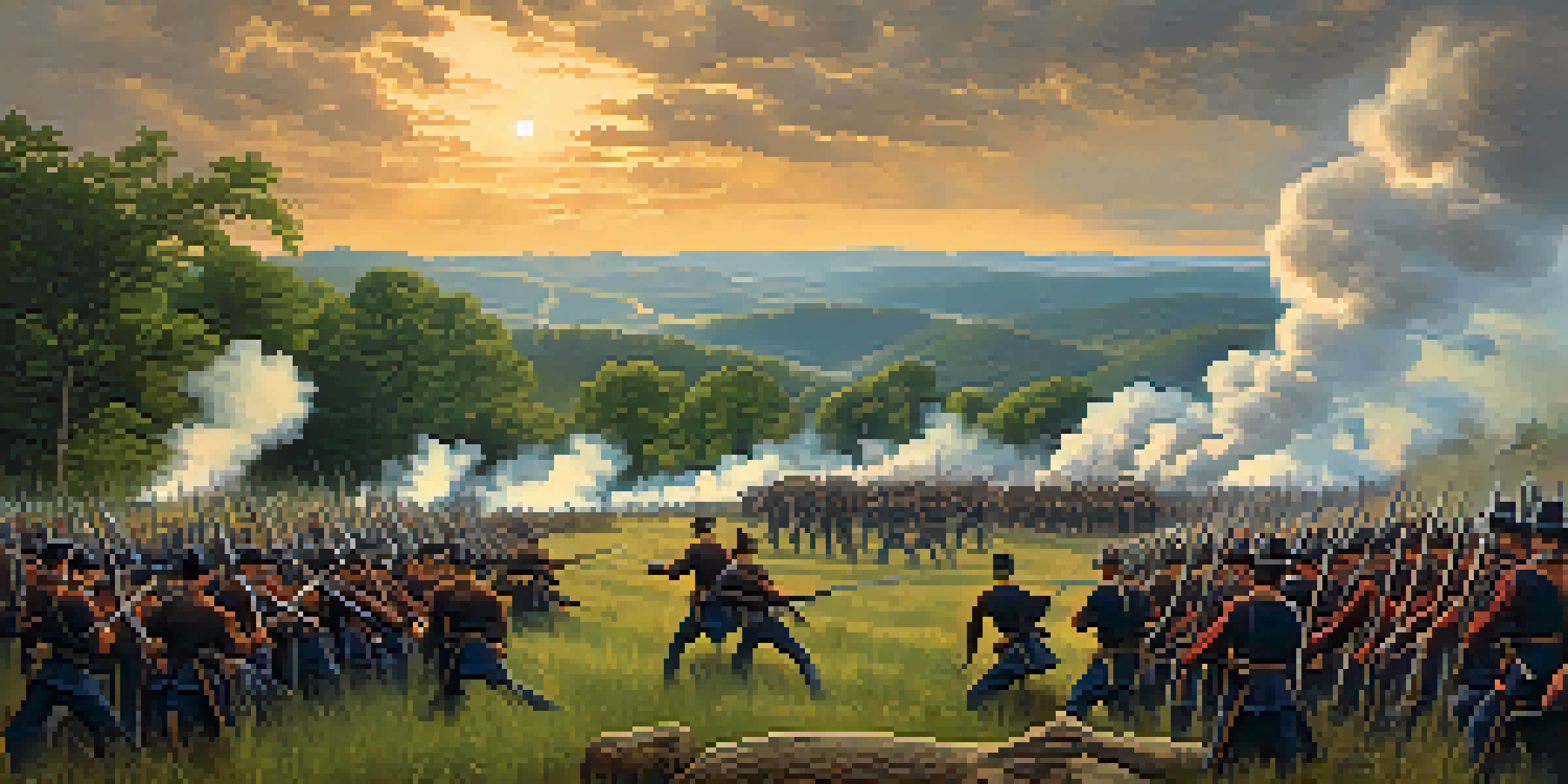 A Civil War battlefield in Tennessee with Union and Confederate soldiers engaged in battle, rolling hills, and a dramatic sky.