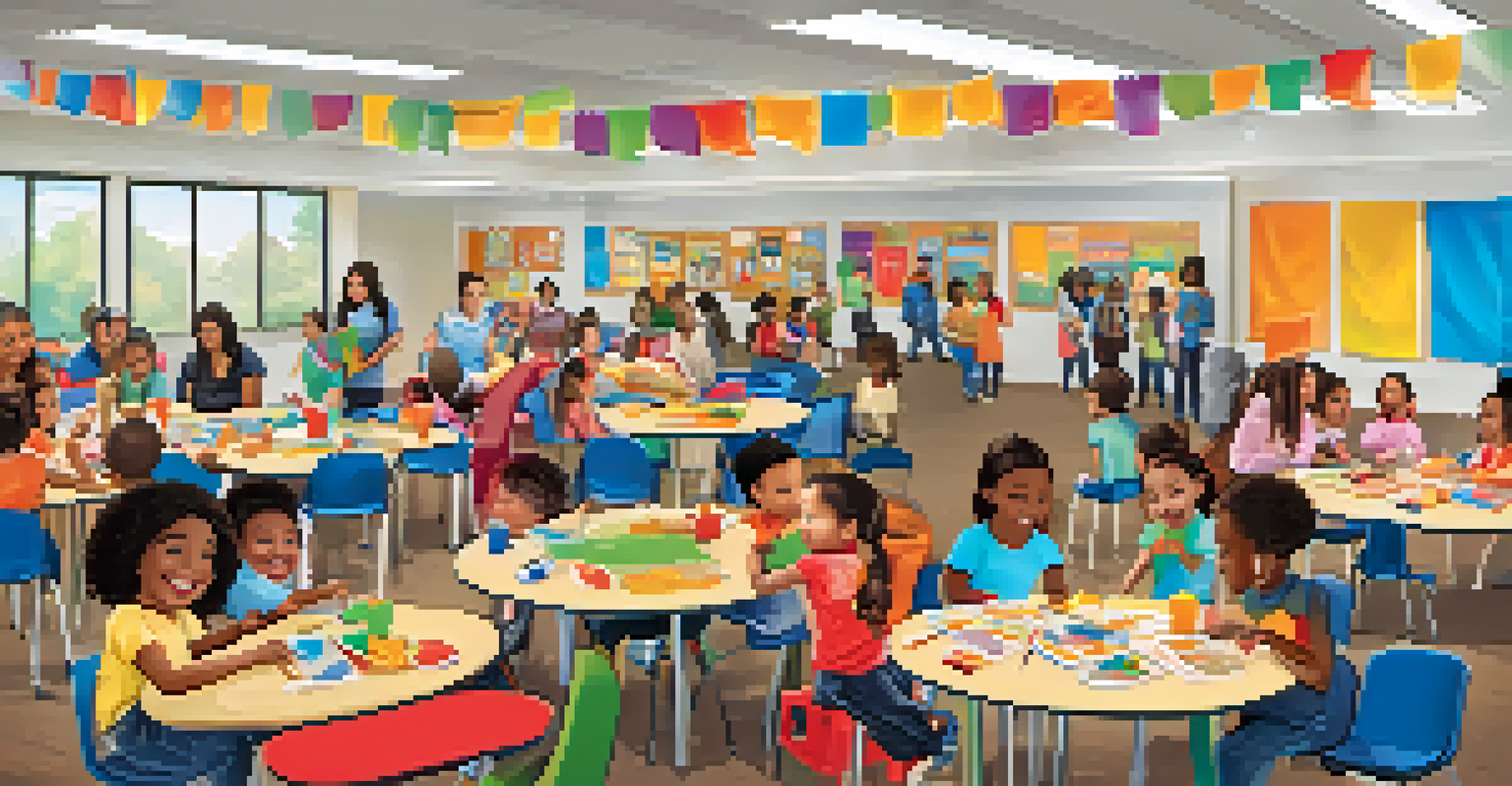 Families participating in a community engagement event focused on early childhood education, with interactive games and joyful interactions.