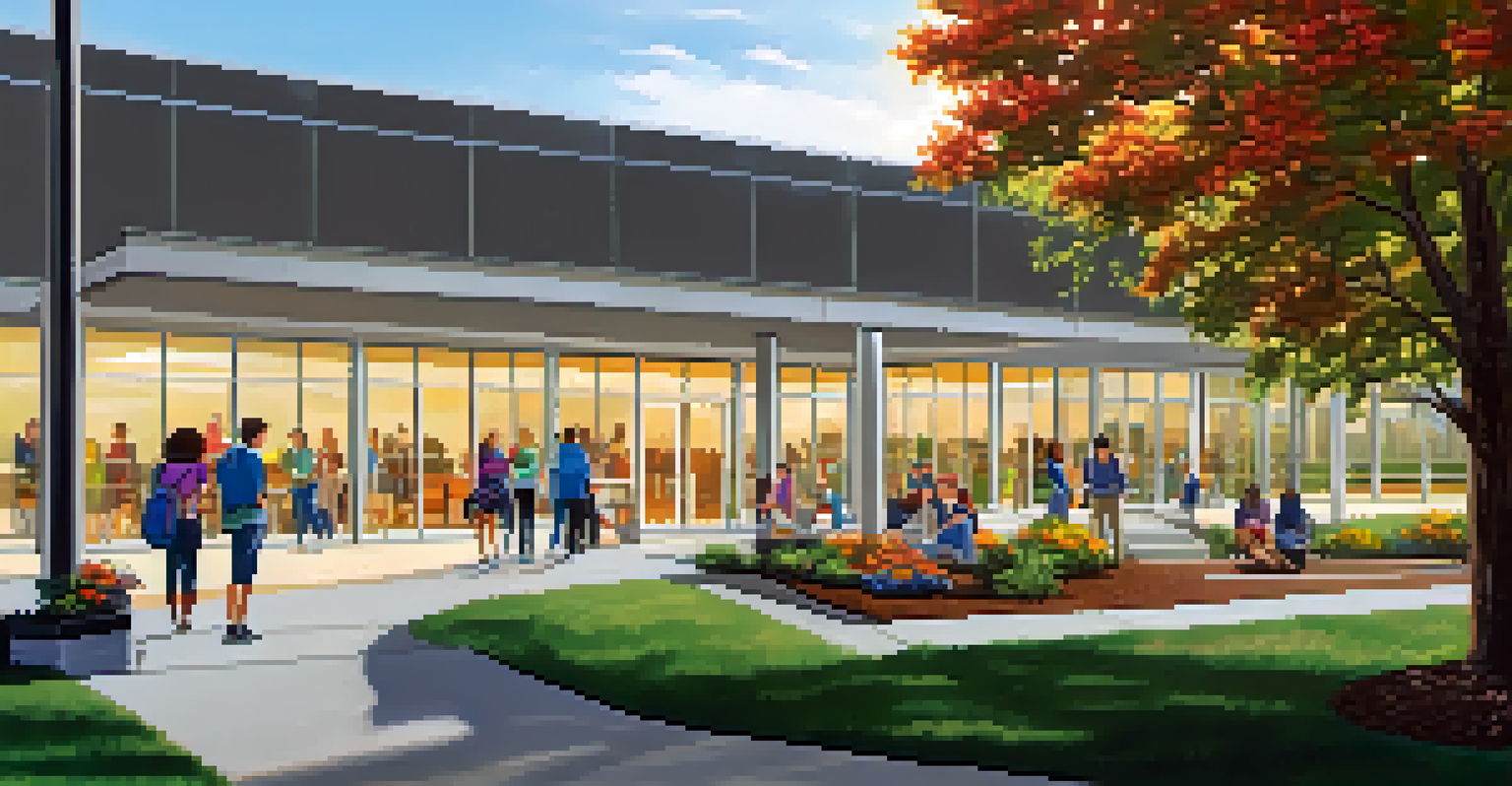 The entrance of a community college in Tennessee, with students enjoying their time and colorful flowers enhancing the atmosphere.