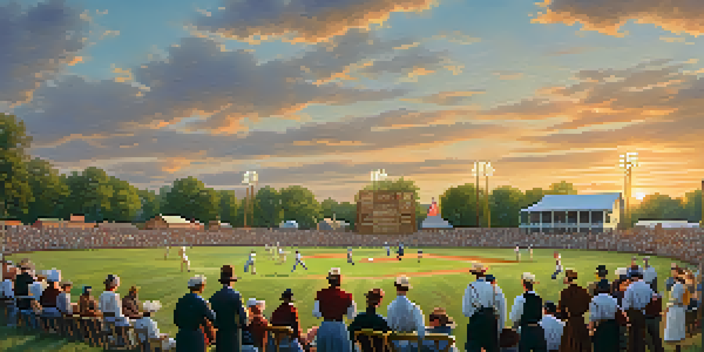 A historical baseball game in Tennessee with players in vintage uniforms and spectators enjoying the event under a sunset.