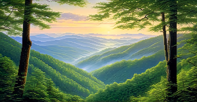 A scenic sunrise view of the Great Smoky Mountains with mist in the valleys and golden sunlight illuminating the trees.