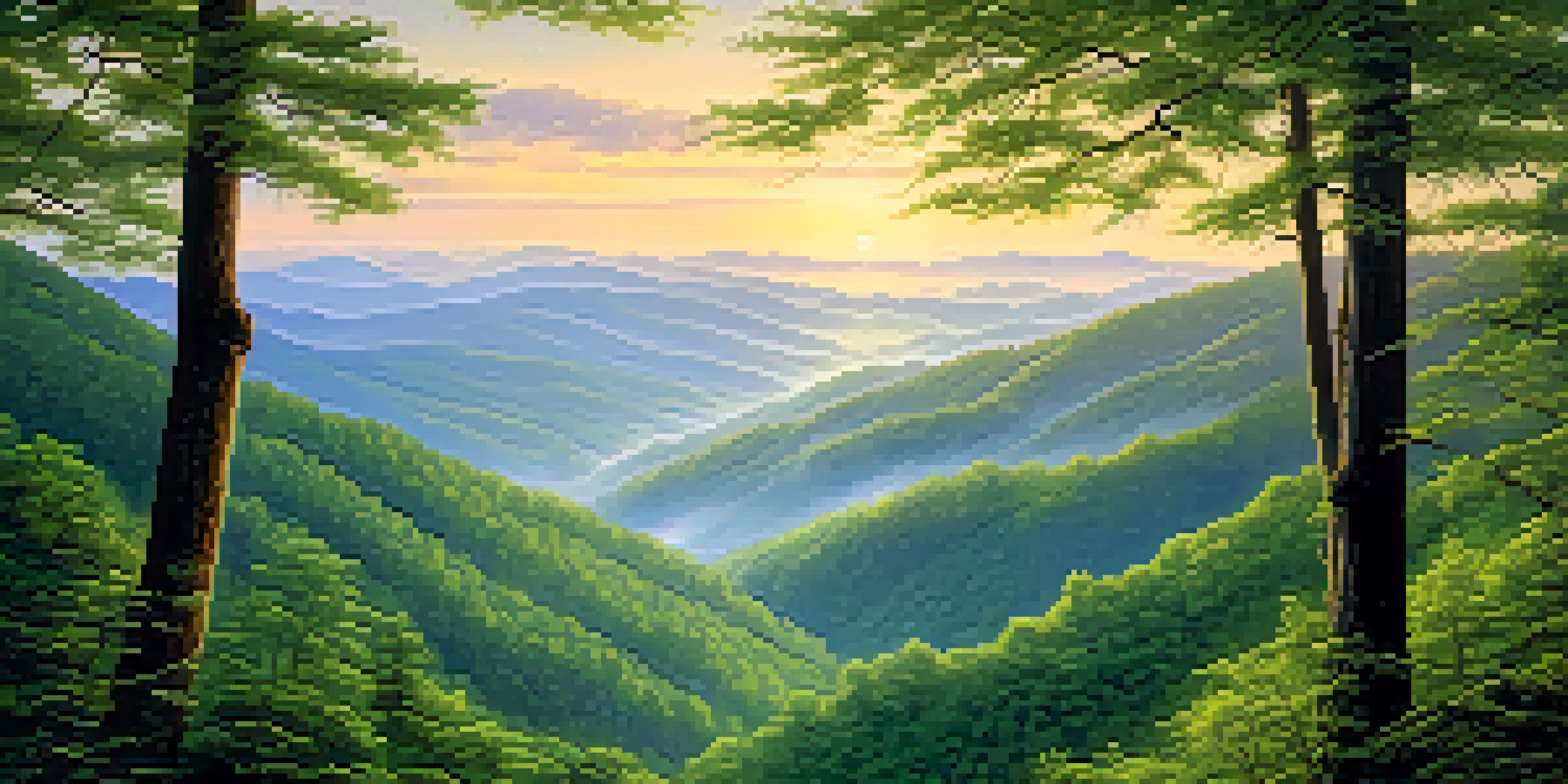A scenic sunrise view of the Great Smoky Mountains with mist in the valleys and golden sunlight illuminating the trees.