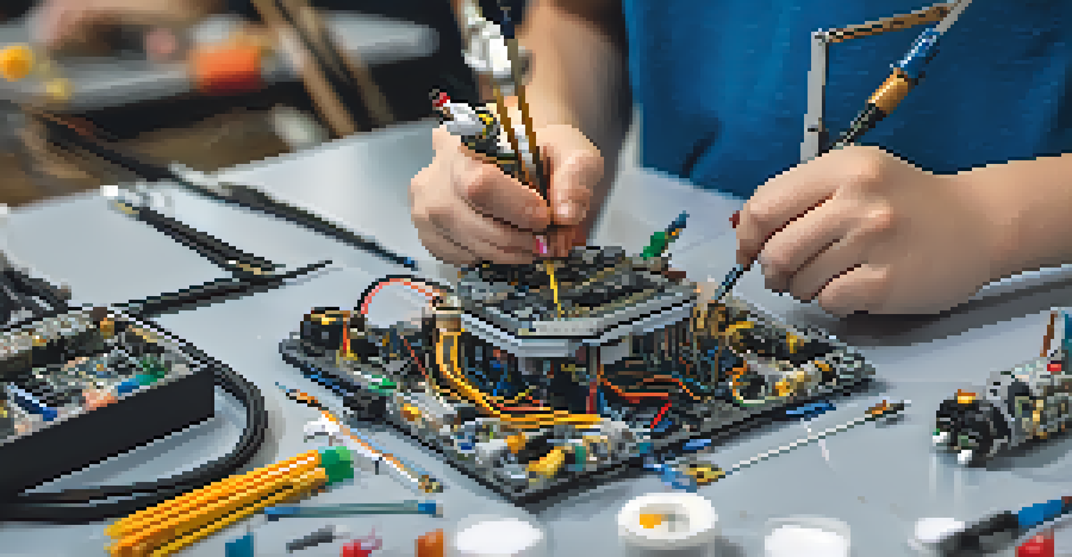 A close-up of a student's hands assembling a robotics project, showcasing intricate robot parts and tools, with a focused expression.