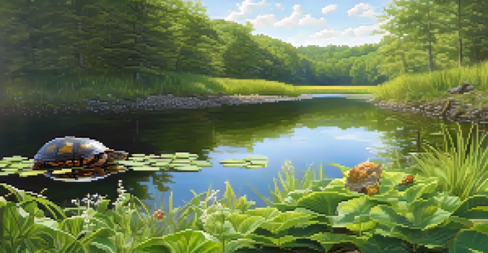 A peaceful forest scene in Tennessee with a pond, wildflowers, and an Eastern Box Turtle on a rock.
