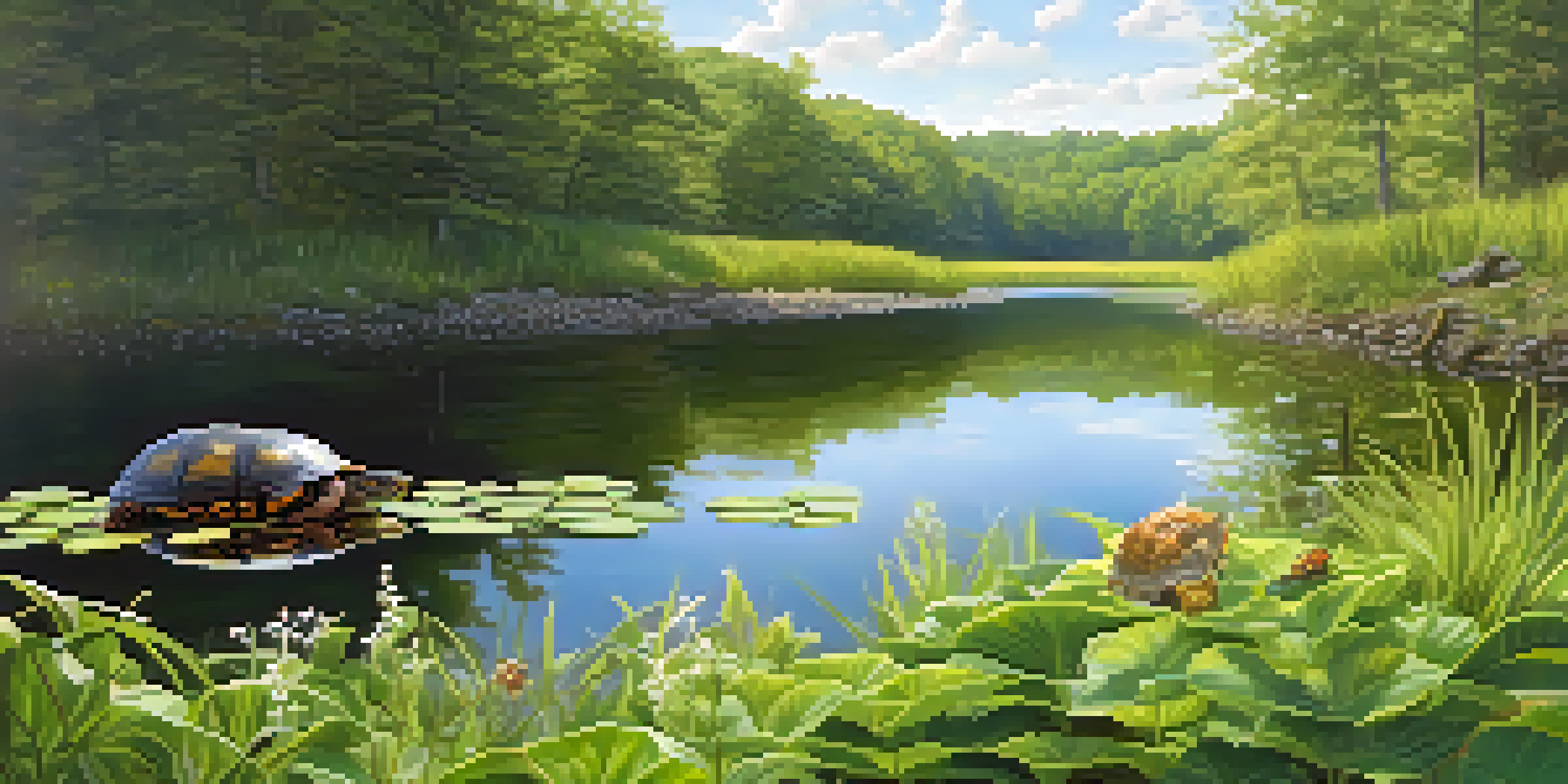 A peaceful forest scene in Tennessee with a pond, wildflowers, and an Eastern Box Turtle on a rock.