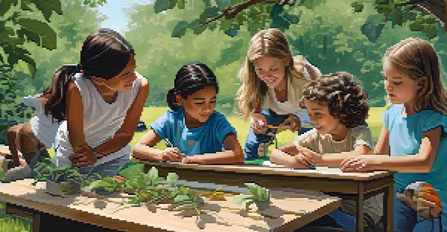 Children participating in an outdoor conservation workshop, exploring nature under the guidance of a teacher.