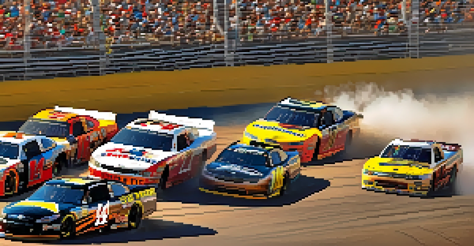 An exciting NASCAR race at Nashville Superspeedway with cars racing and a cheering crowd.