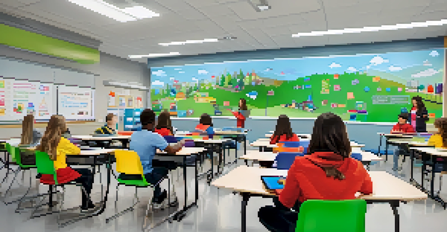 A modern classroom in Tennessee with students using tablets and interactive whiteboards, creating a dynamic learning environment.