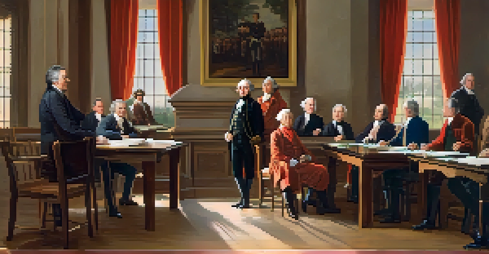 A historical scene of Tennessee's statehood signing in 1796, featuring diverse politicians around a wooden table with warm natural light.