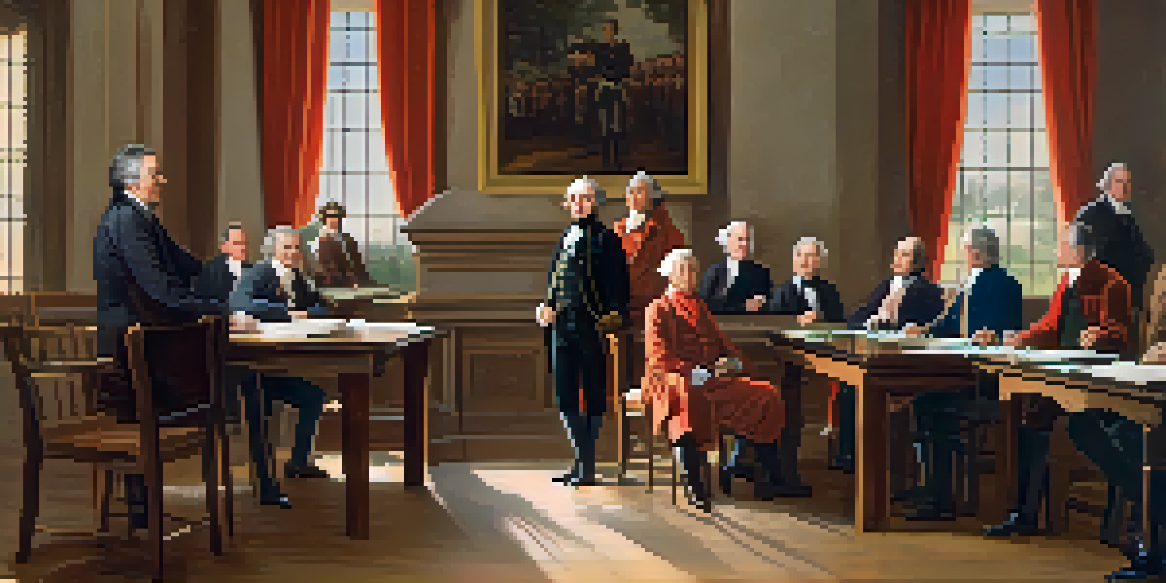 A historical scene of Tennessee's statehood signing in 1796, featuring diverse politicians around a wooden table with warm natural light.