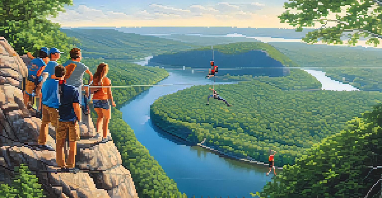 A group of friends zip-lining at Lookout Mountain with scenic views of the valley.