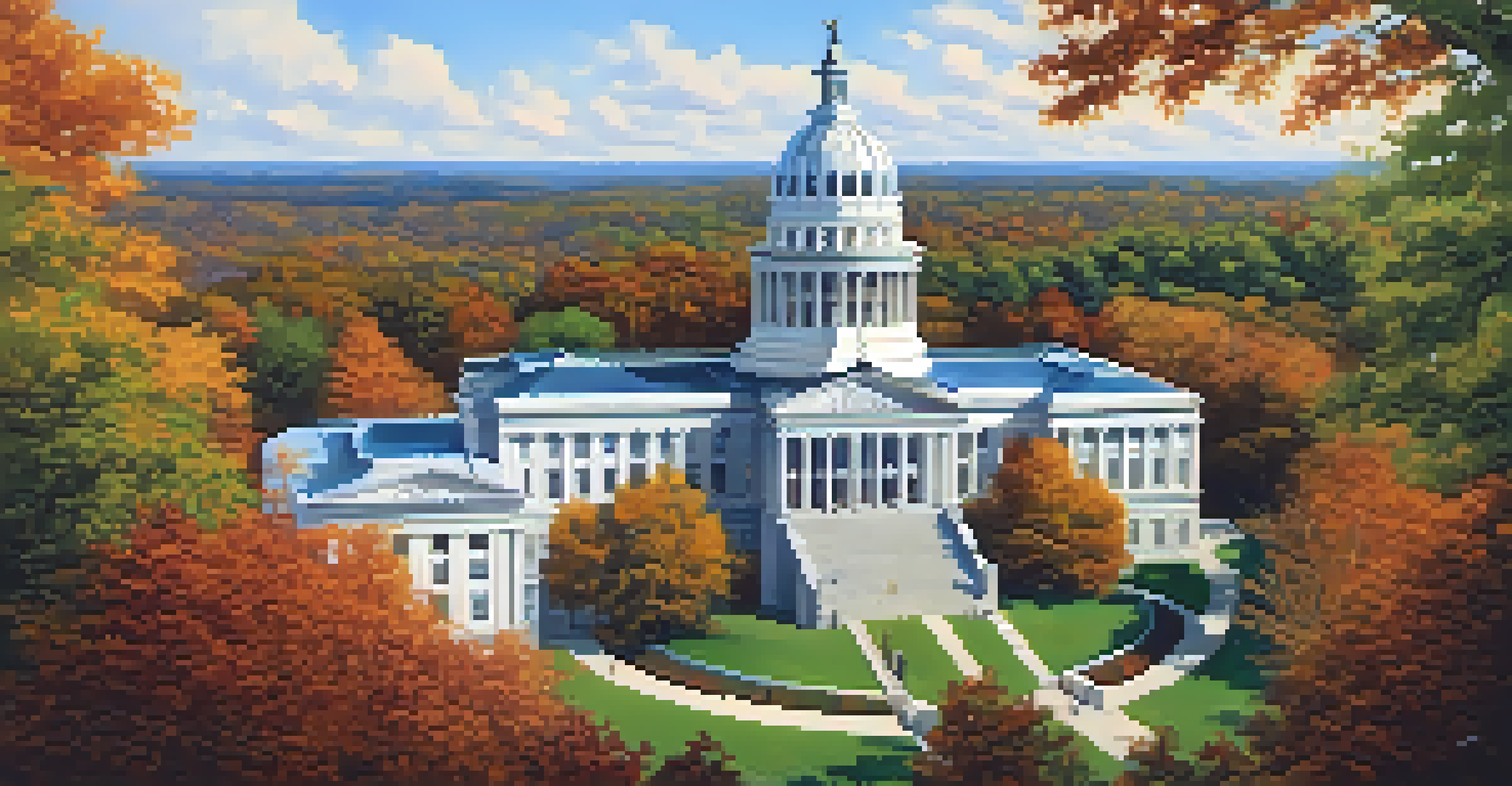 Tennessee's state capitol building with autumn trees and people discussing the gubernatorial election on the steps.