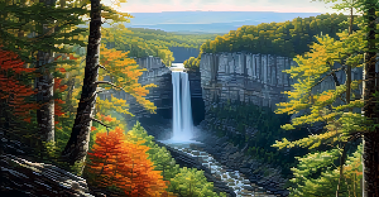 A dramatic landscape of the Cumberland Plateau with a waterfall, rugged cliffs, and dense forest illuminated by sunlight.