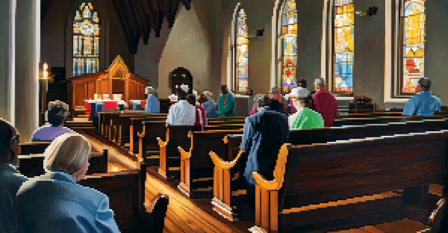 An interior view of a historic church in Tennessee with stained glass windows and a small congregation listening to a preacher.