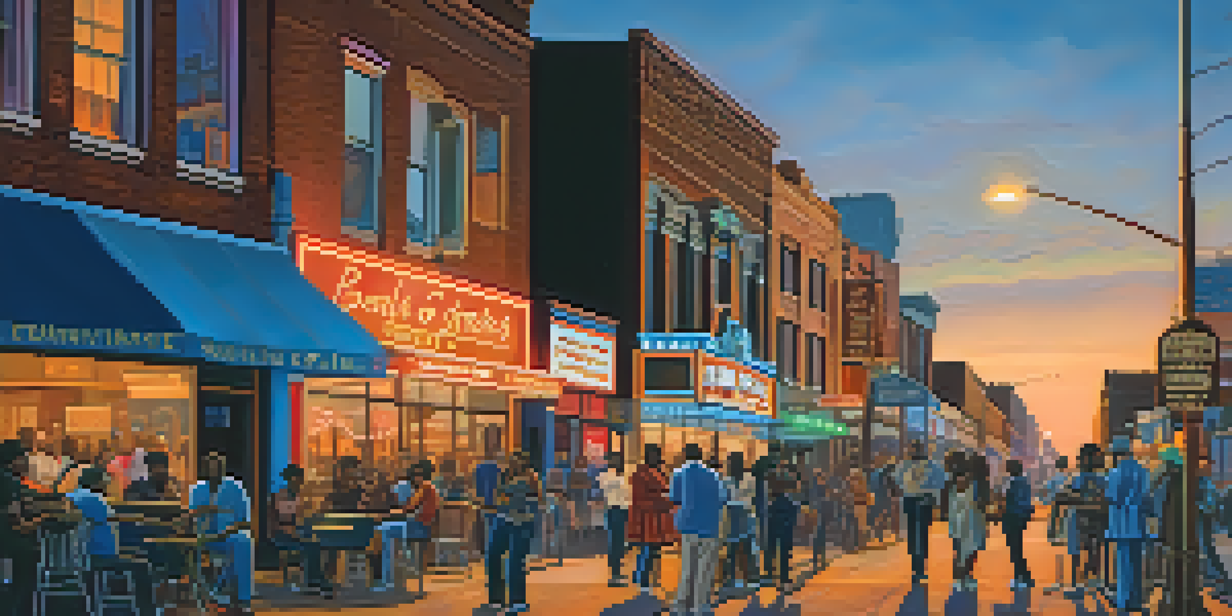 A lively street scene on Beale Street in Memphis, featuring musicians and a crowd under bright neon lights at dusk.