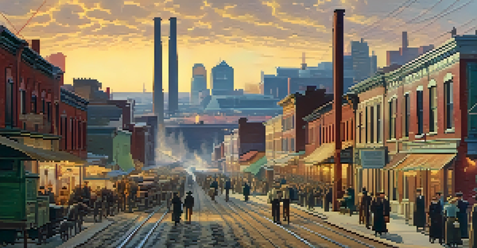 A historical scene depicting Nashville's transition to an industrial city in the late 19th century, with factories and diverse people in period clothing.