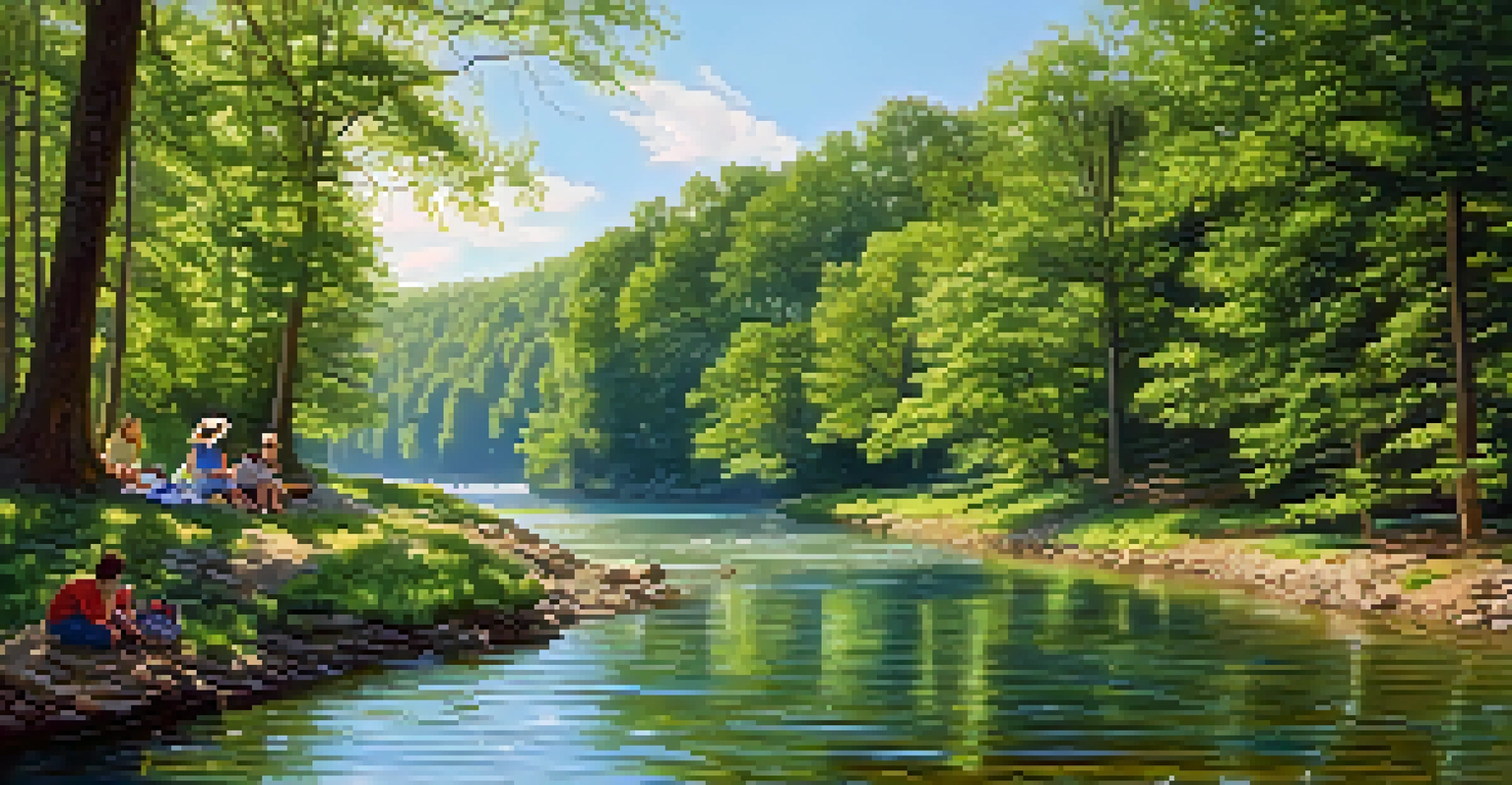 A tranquil river scene in Tennessee with clear water, lush greenery, and a family having a picnic.