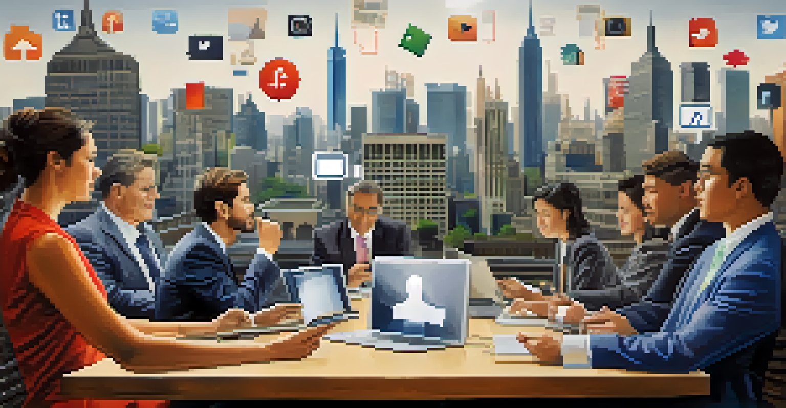 A digital representation of modern lobbying with social media icons, data graphs, and citizens engaging with technology against a city skyline.