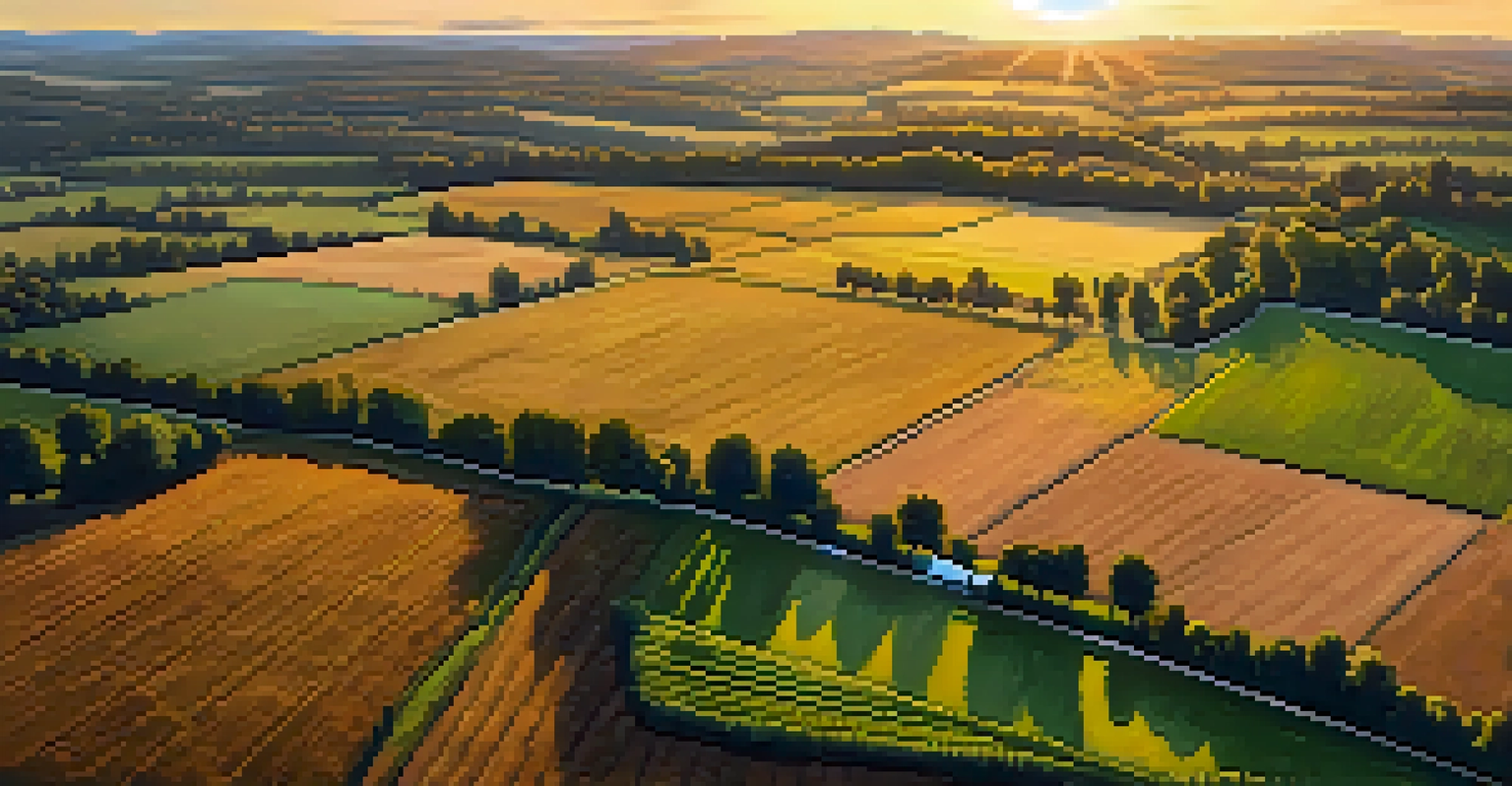 An overhead view of a Tennessee farm at sunset, featuring crops and livestock amidst rolling hills.