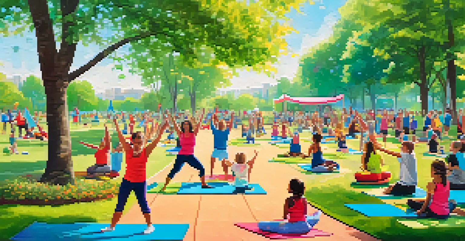 Families participating in an outdoor fitness event at a park with various activities.