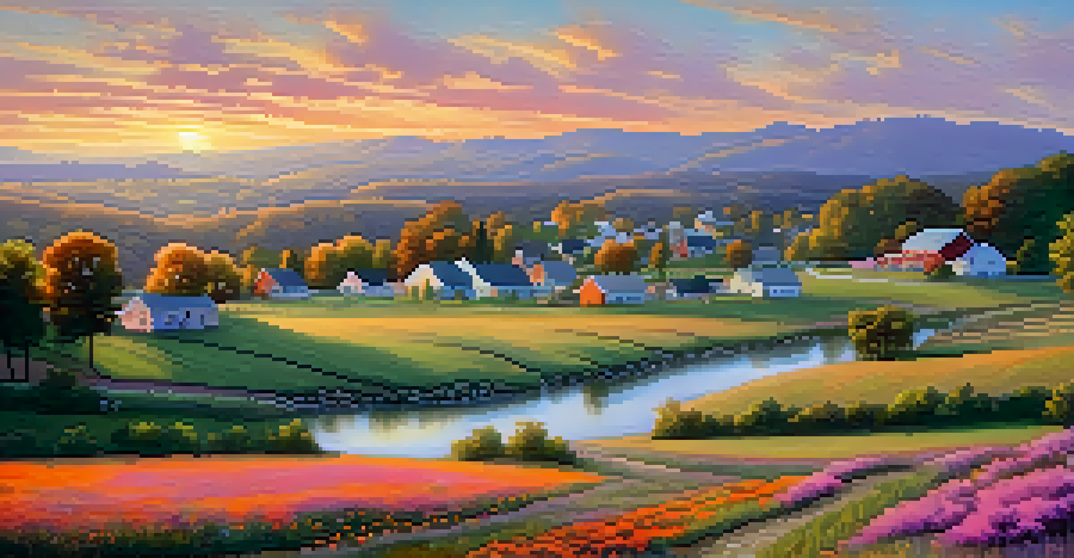 A sunset view of a rural Tennessee town with rolling hills, houses, and wildflowers.