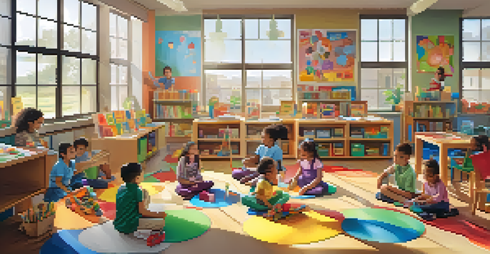 A lively classroom with children of various backgrounds engaged in play-based learning activities, surrounded by colorful decorations and sunlight.