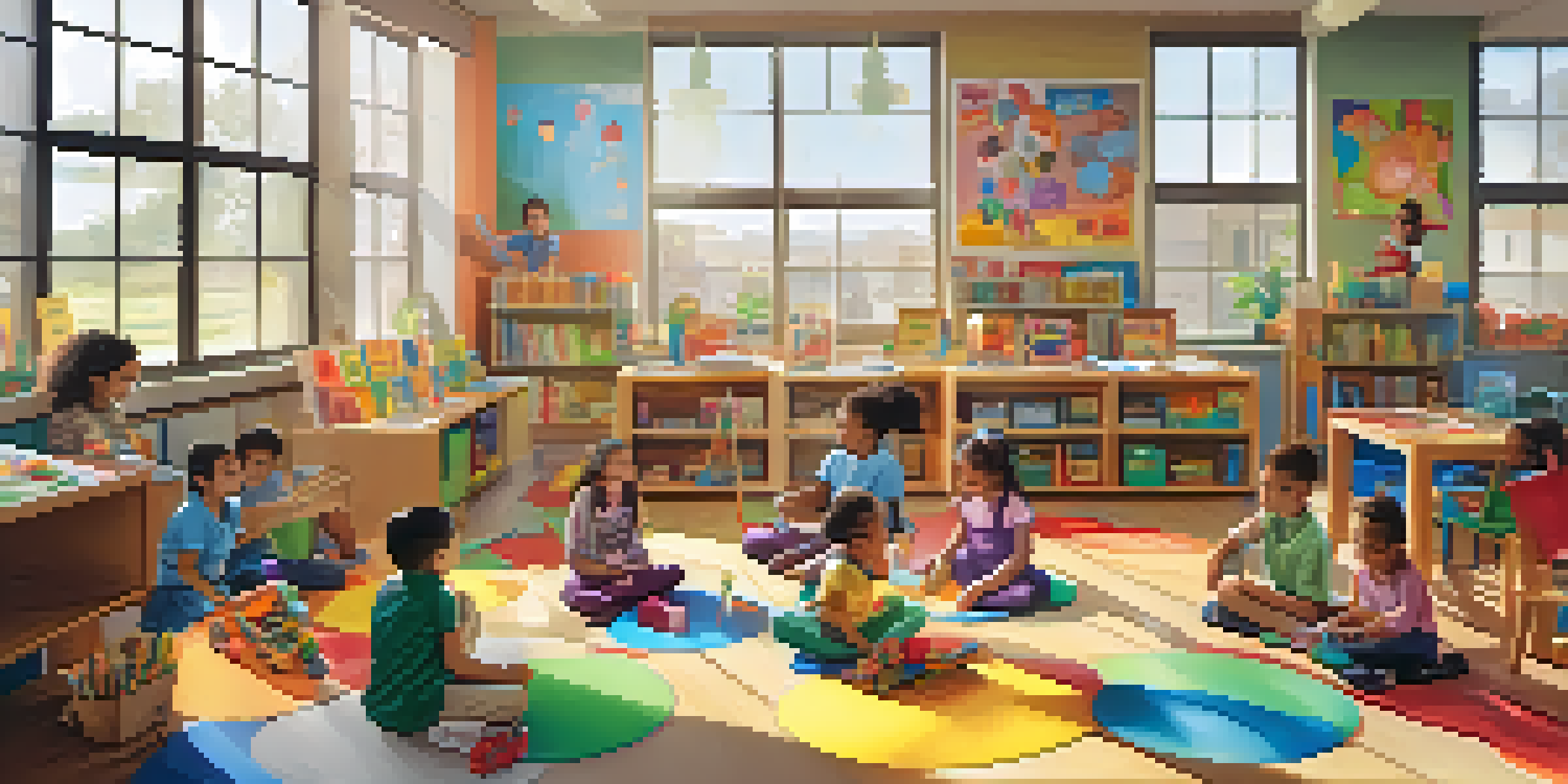A lively classroom with children of various backgrounds engaged in play-based learning activities, surrounded by colorful decorations and sunlight.