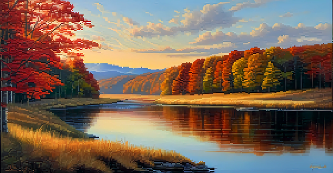 A peaceful autumn landscape in the Appalachian Mountains of Tennessee, featuring colorful foliage, a setting sun, and grazing deer.