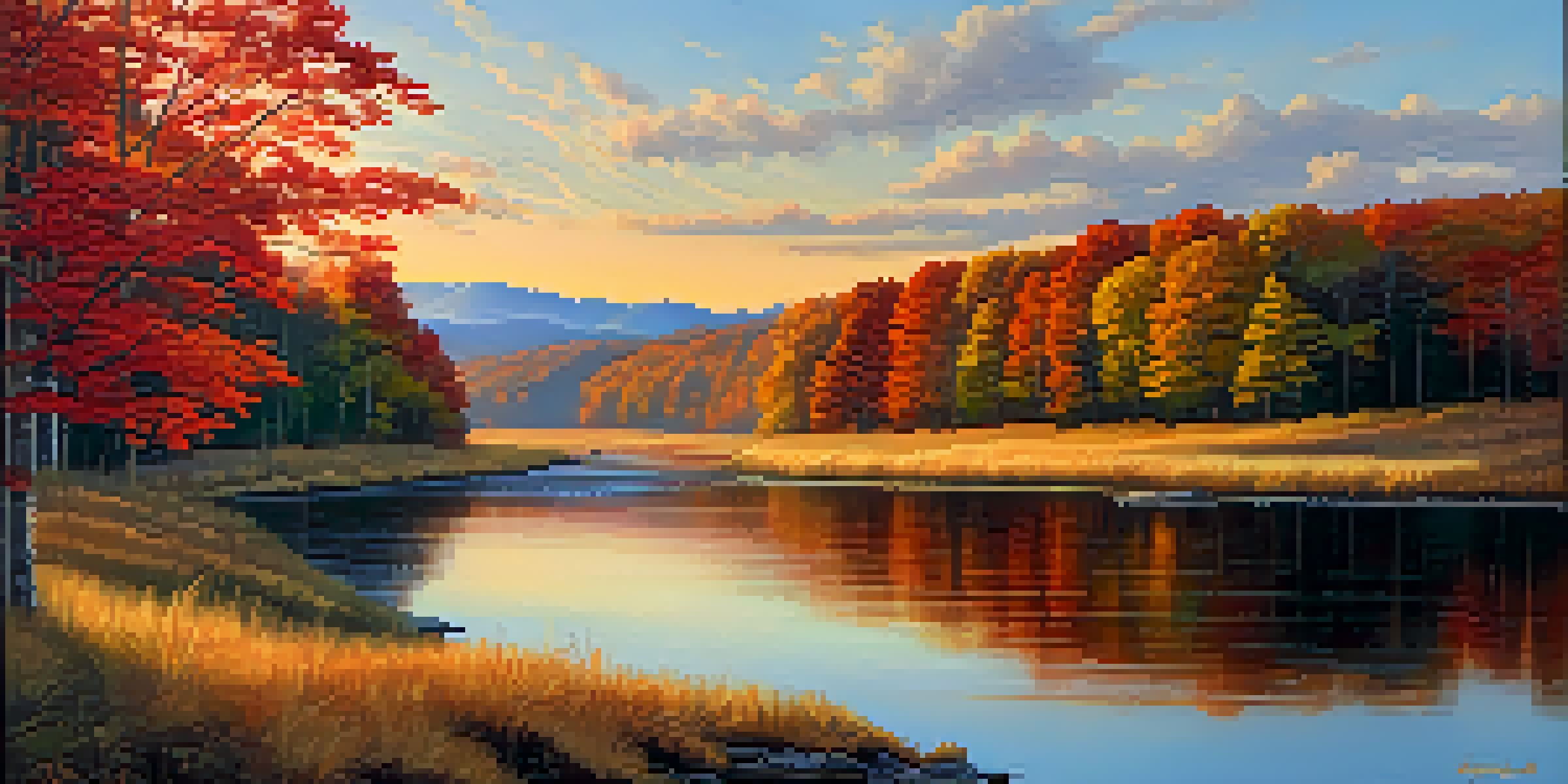 A peaceful autumn landscape in the Appalachian Mountains of Tennessee, featuring colorful foliage, a setting sun, and grazing deer.