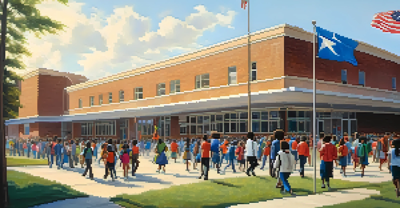 A diverse group of students walking into a newly integrated school in Tennessee during the 1960s, symbolizing the Civil Rights Movement.
