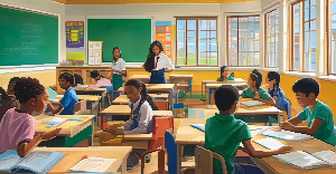 A lively classroom with diverse students collaborating on projects, bright educational posters on the walls, and a teacher guiding them.