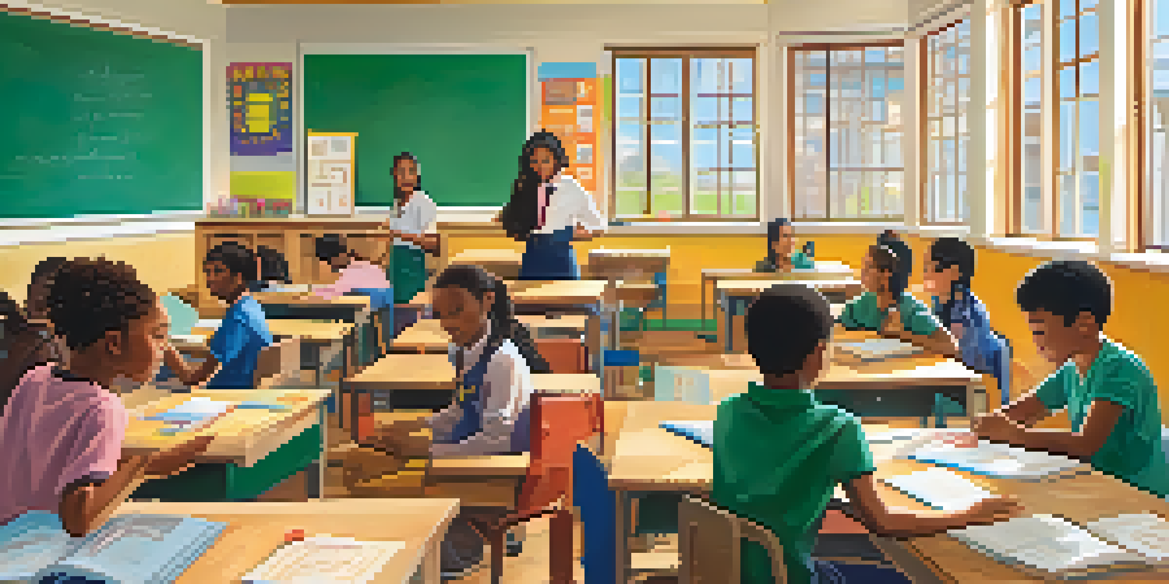 A lively classroom with diverse students collaborating on projects, bright educational posters on the walls, and a teacher guiding them.