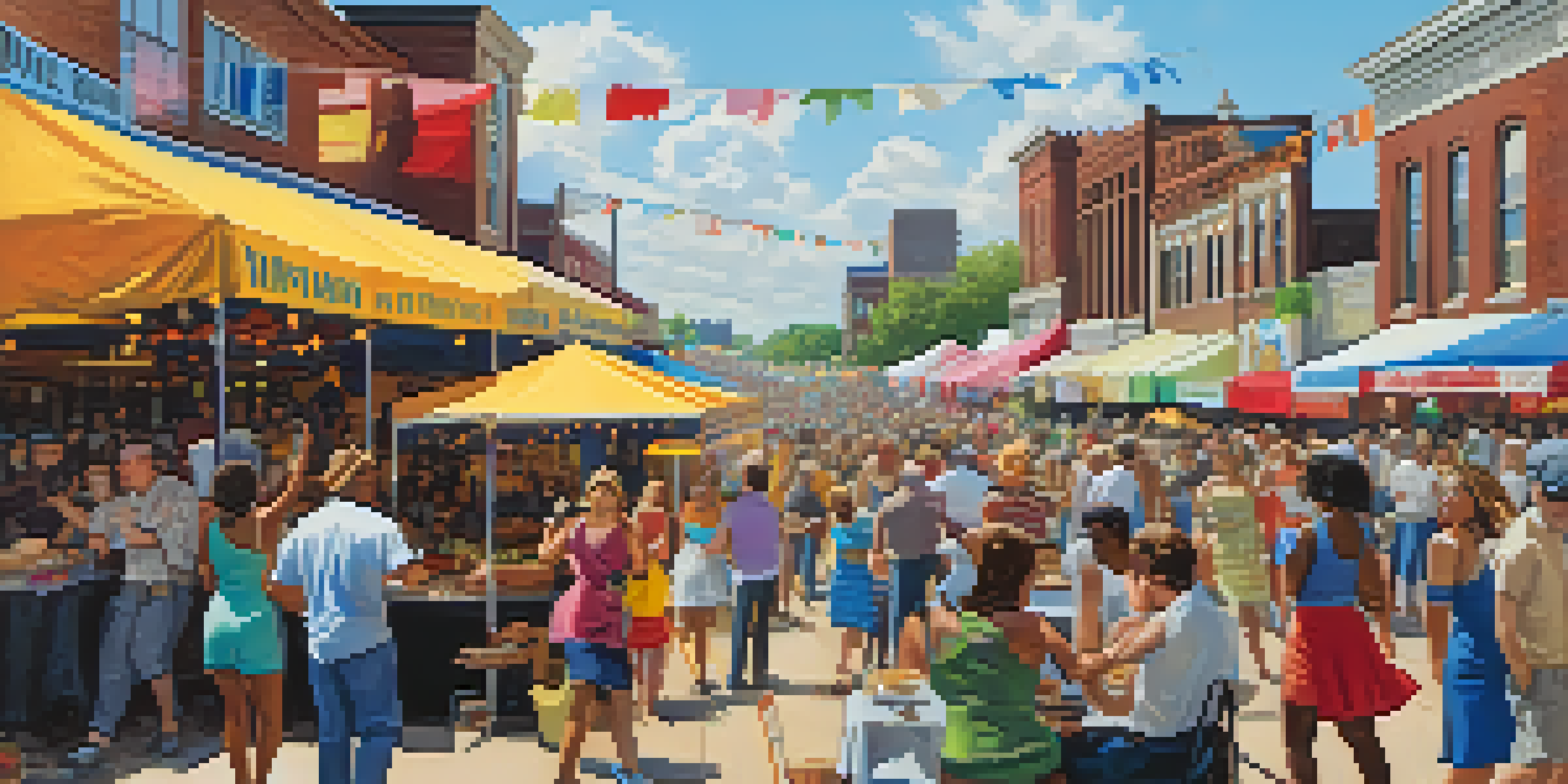 A lively crowd enjoying the Memphis in May festival with colorful banners and food stalls in the background.