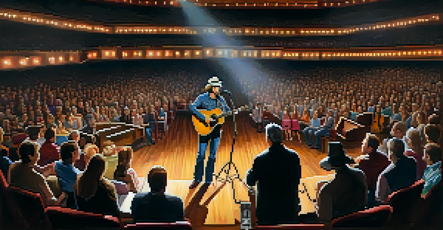 A country music artist performing at the Grand Ole Opry in Nashville, with a captivated audience and warm stage lighting.