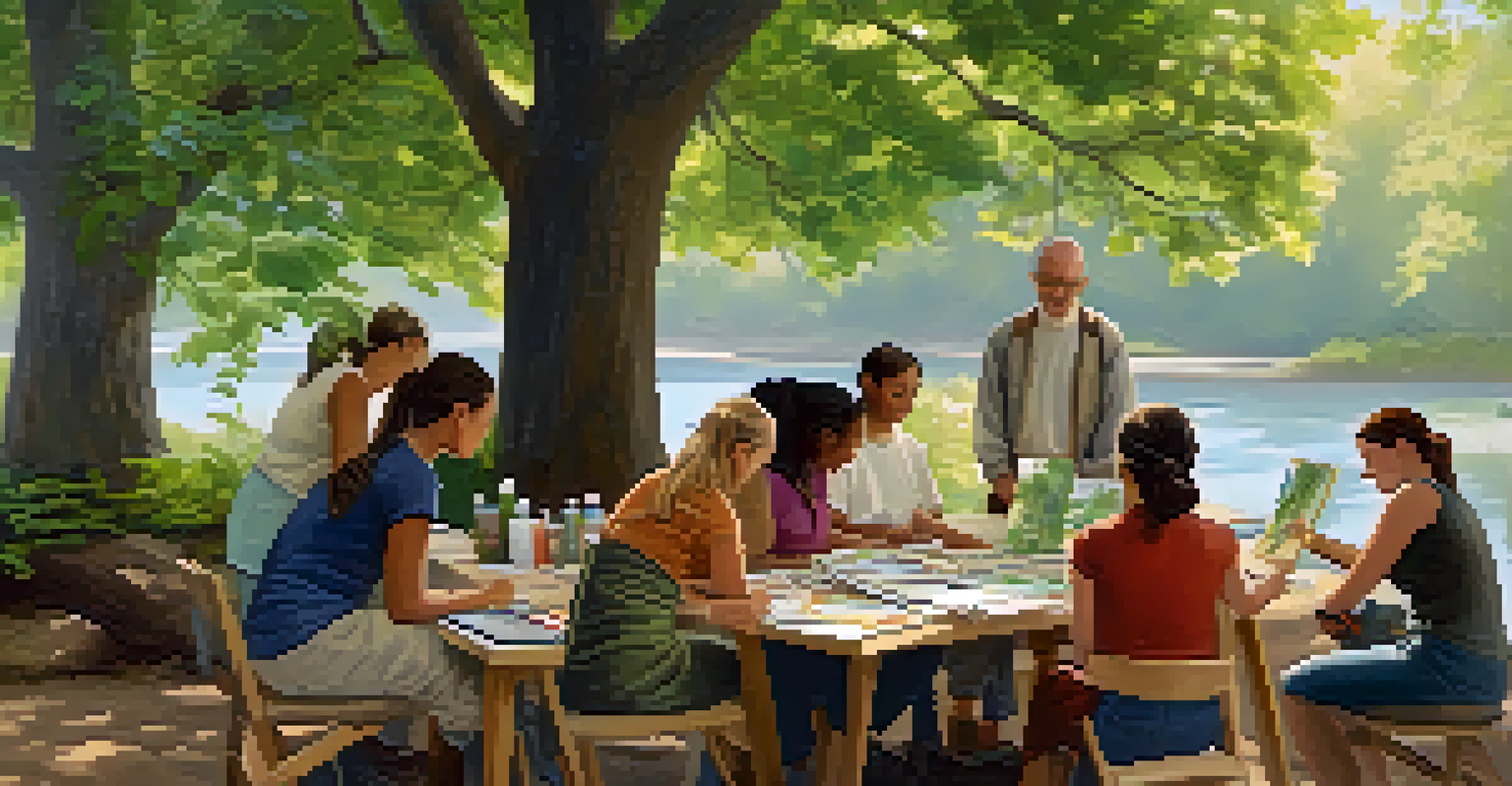 An outdoor educational workshop focused on environmental practices, with people learning from an instructor under a canopy of trees.