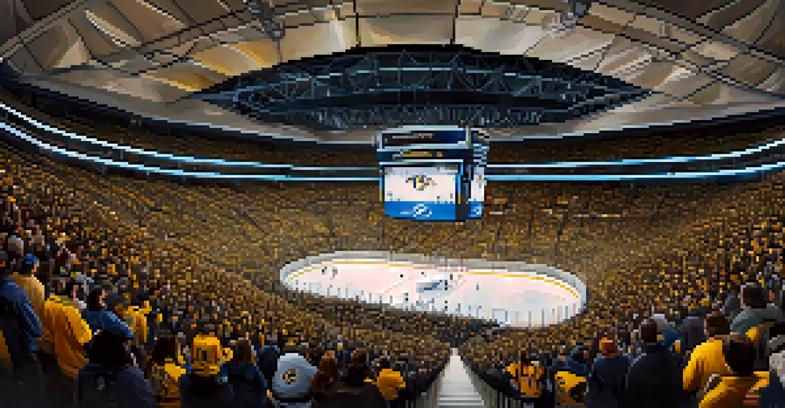 A lively hockey game at Bridgestone Arena with fans cheering and players on the ice, showcasing the excitement of Nashville Predators games.
