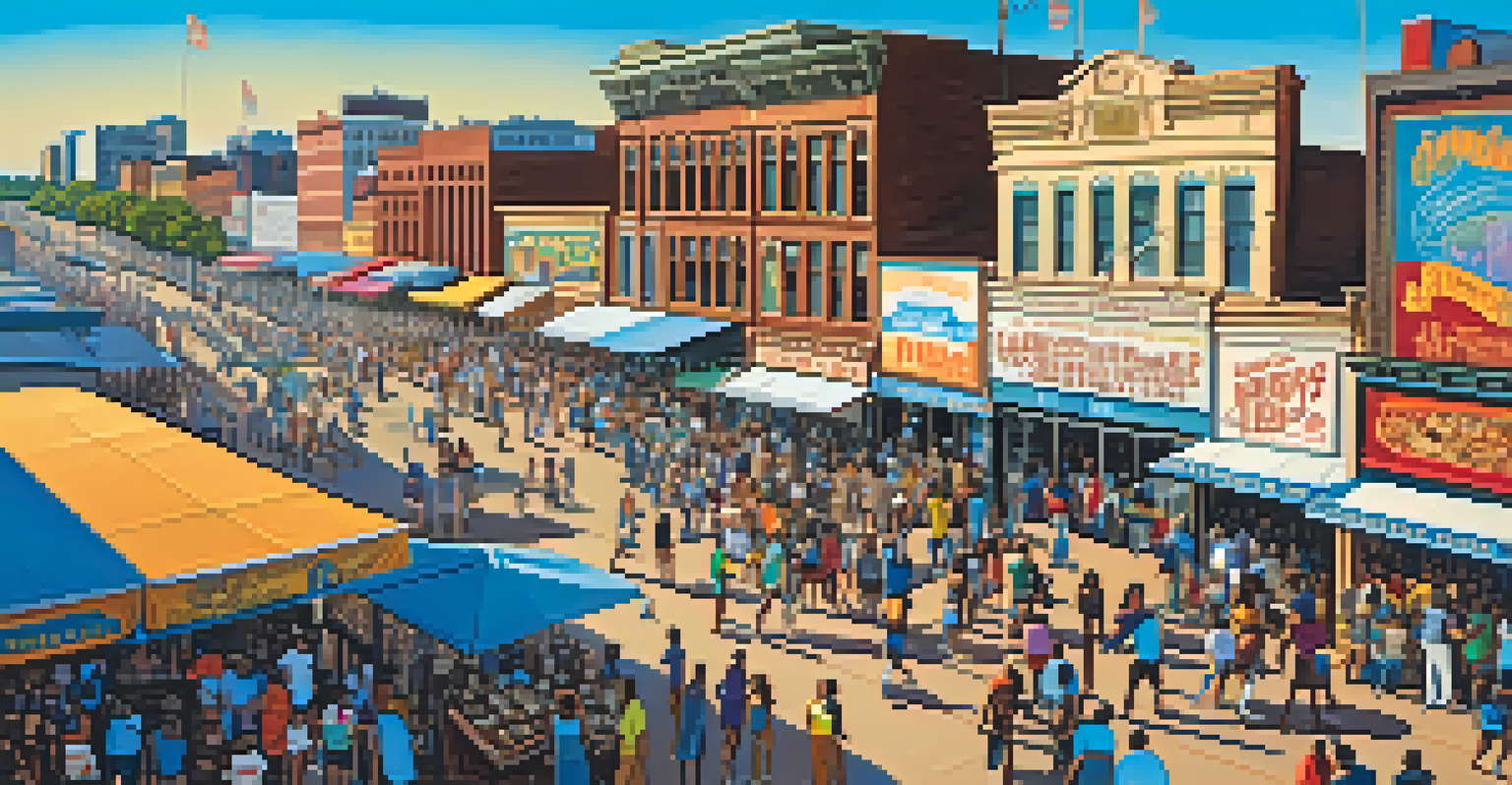 Crowd enjoying the Beale Street Music Festival in Memphis, with artists performing and food stalls along the street.