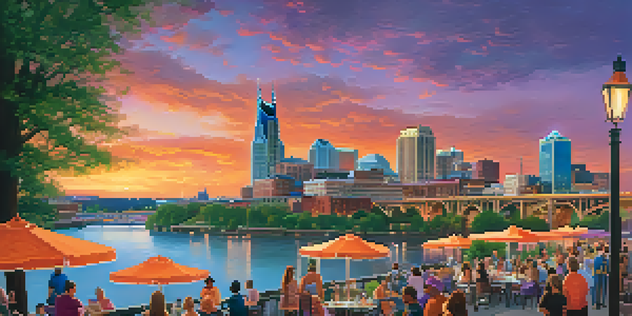 A colorful sunset over Nashville's skyline, with the AT&T Building and the Tennessee State Capitol visible, and people enjoying outdoor activities.
