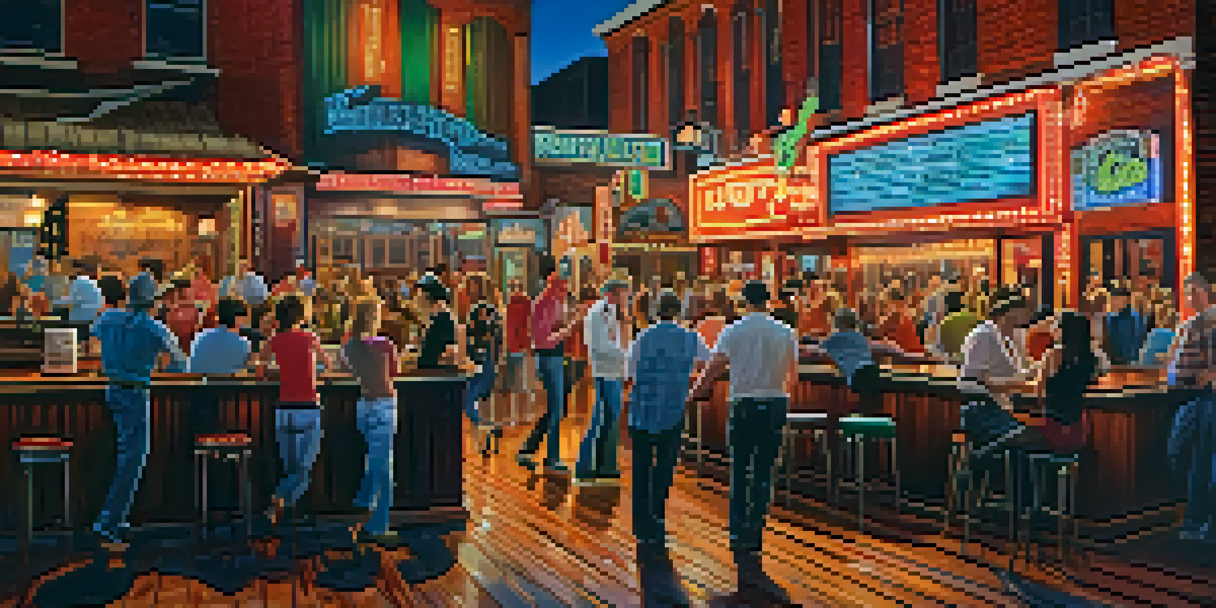 A lively honky-tonk bar in Nashville with musicians performing, colorful neon lights, and an engaged audience enjoying the music.