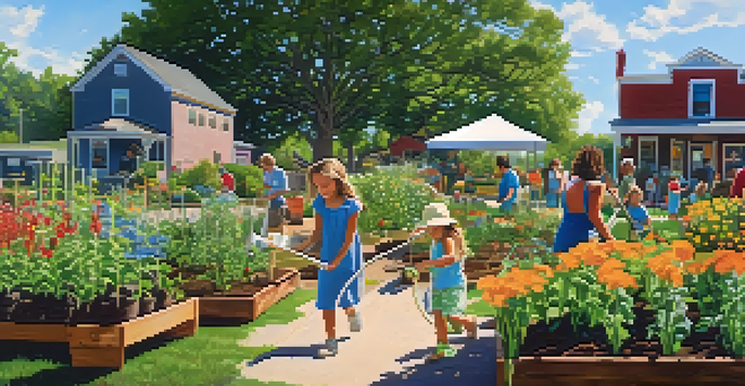 A colorful community garden in Tennessee with people planting and watering flowers and vegetables under a bright blue sky.