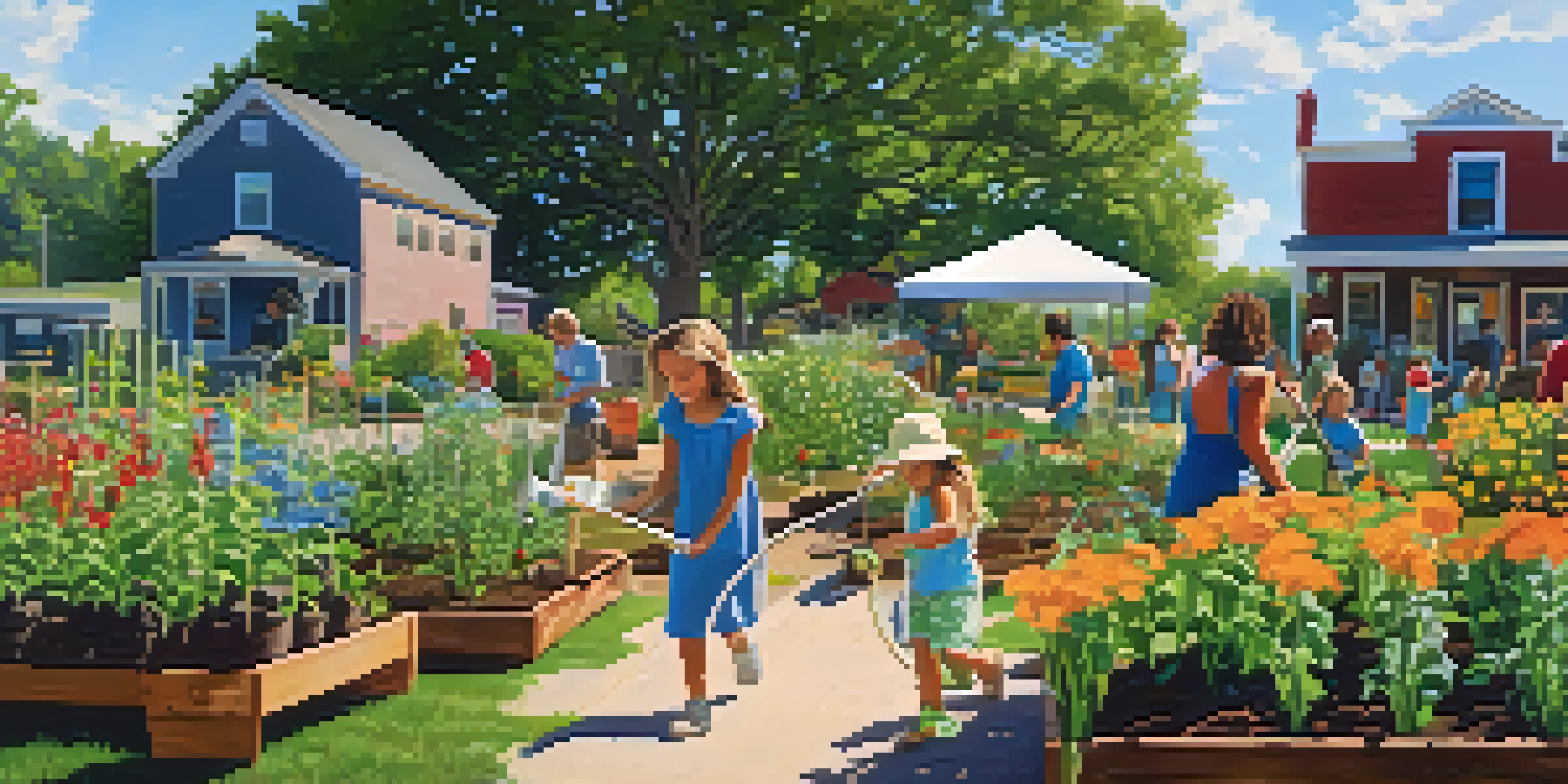 A colorful community garden in Tennessee with people planting and watering flowers and vegetables under a bright blue sky.