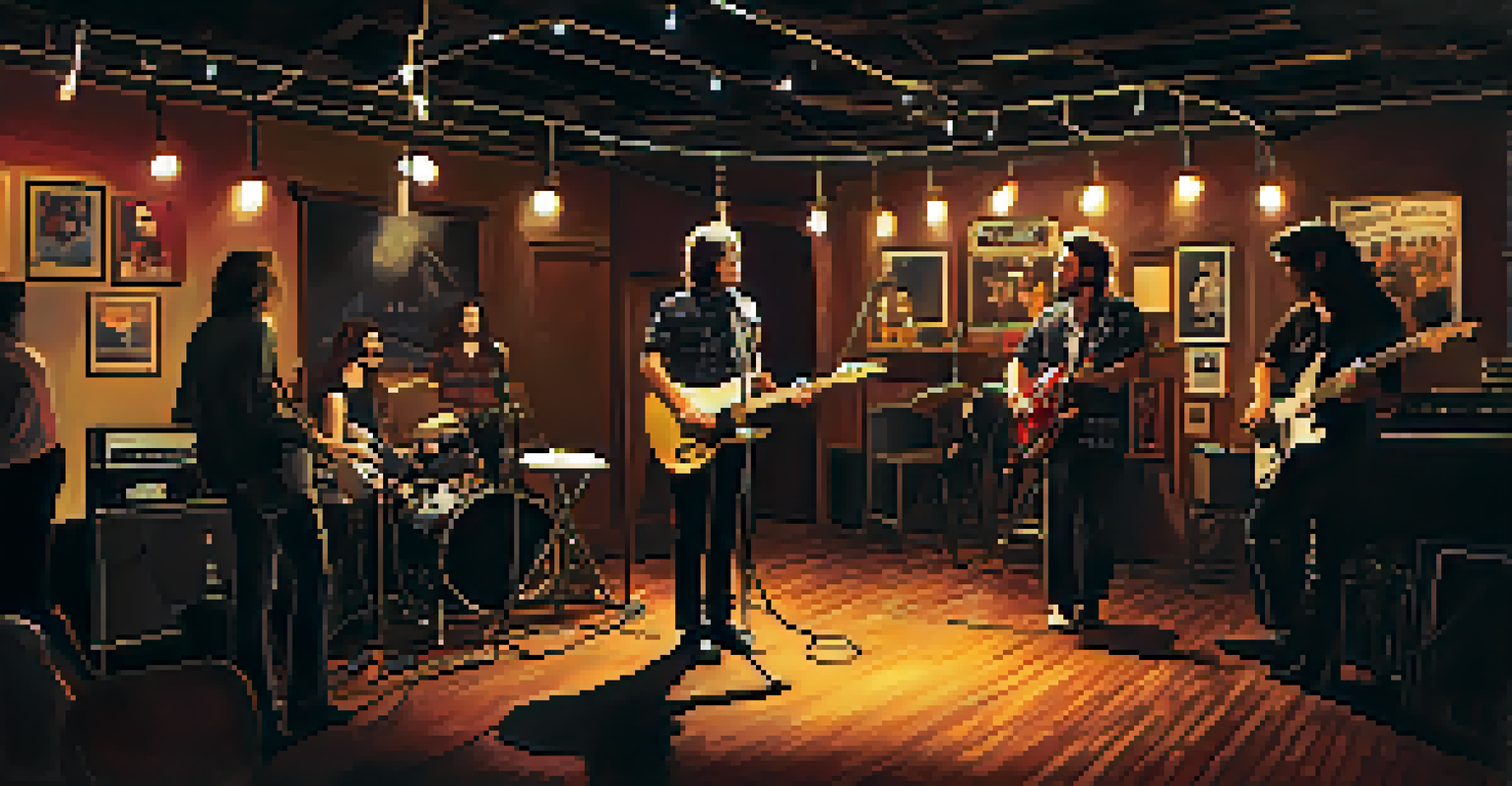 A cozy local music venue in Tennessee featuring an indie rock band performing for an engaged audience.