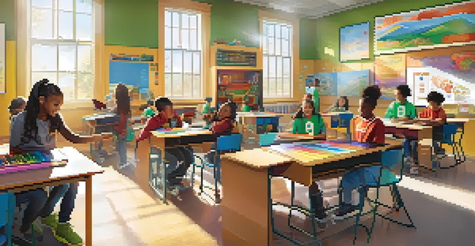 A diverse group of students in a bright and colorful classroom, engaged in STEM activities with an enthusiastic teacher.